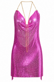 Backless Metallic Halter Dress