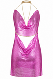 Backless Metallic Halter Dress