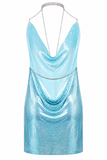 Backless Metallic Halter Dress