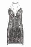 Backless Metallic Halter Dress