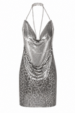 Backless Metallic Halter Dress