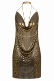 Backless Metallic Halter Dress