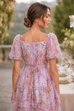Floral Puff Sleeve Tiered Tulle Maxi Dress