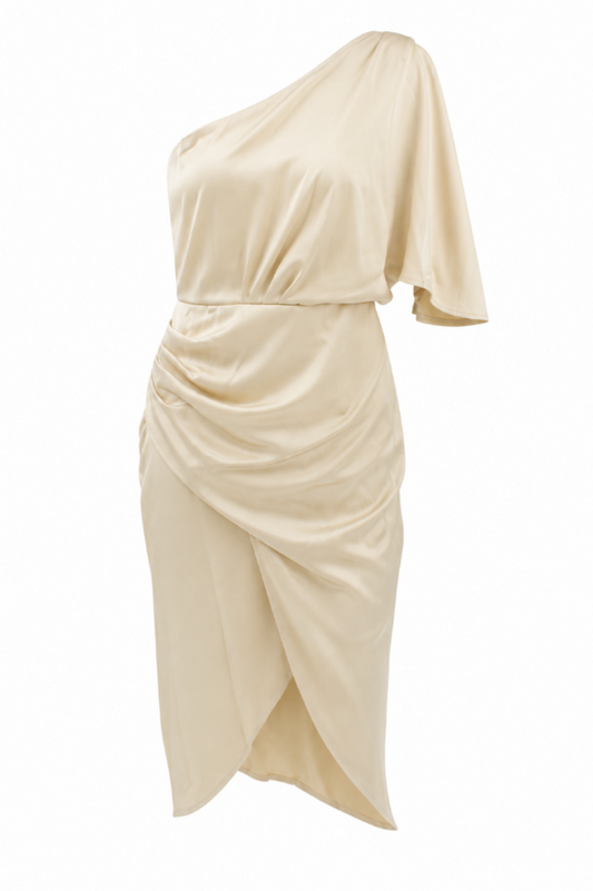 Satin One-Shoulder Draped Midi Dress
