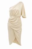 Satin One-Shoulder Draped Midi Dress