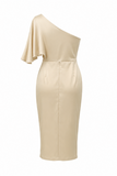 Satin One-Shoulder Draped Midi Dress