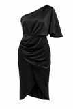 Satin One-Shoulder Draped Midi Dress
