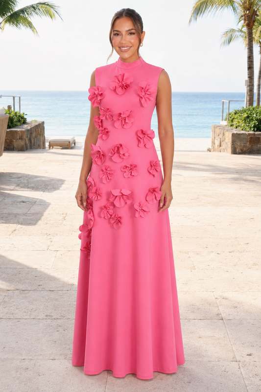 3D Flower Applique Maxi Dress