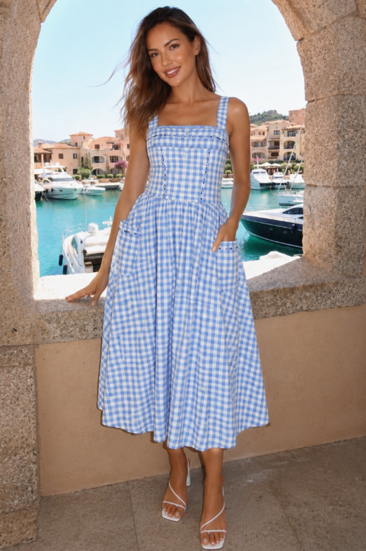 Mia Blue Gingham Spaghetti Strap Midi Dress