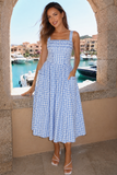 Mia Blue Gingham Spaghetti Strap Midi Dress