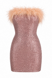 Feather Trim Strapless Sequin Mini Dress