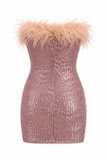Feather Trim Strapless Sequin Mini Dress