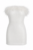 Feather Trim Strapless Sequin Mini Dress