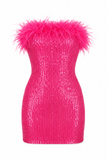 Feather Trim Strapless Sequin Mini Dress