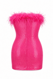 Feather Trim Strapless Sequin Mini Dress