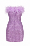 Feather Trim Strapless Sequin Mini Dress