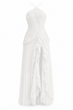Isabella Pleated Ruffle Halter Prom Dress