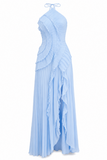 Isabella Pleated Ruffle Halter Prom Dress