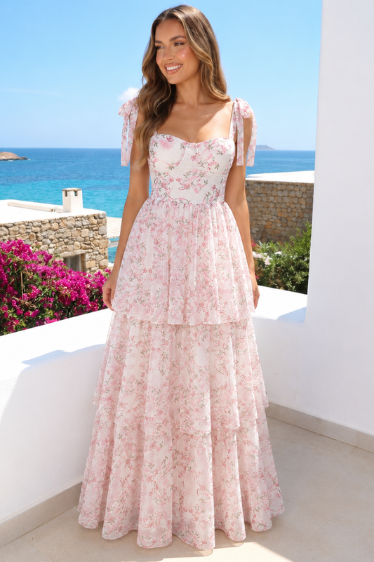 Isla Tie Up Floral Print Tiered Maxi Dress