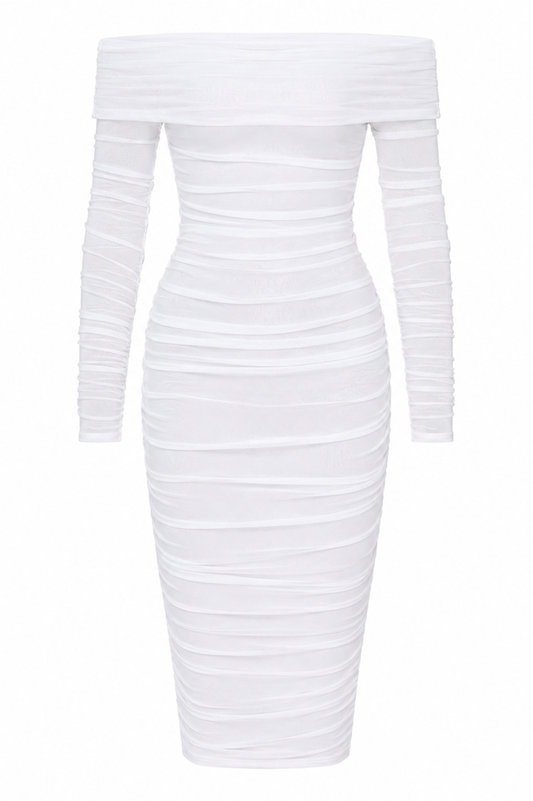 Lyla Off Shoulder Ruched Midi Bodycon Dress