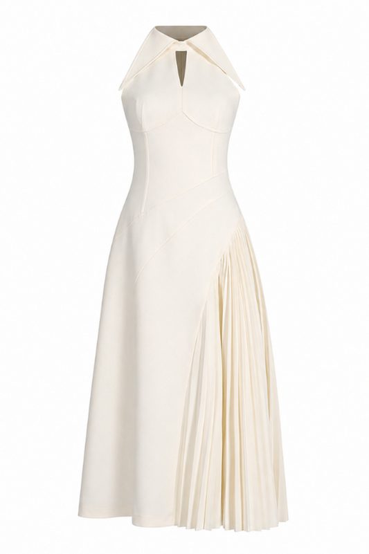 Elena Halter Keyhole Pleated Midi Dress