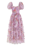 Floral Puff Sleeve Tiered Tulle Maxi Dress